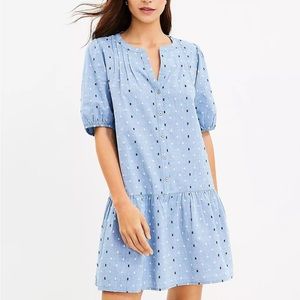 *NWT* LOFT Chambray Clip Puff Sleeve Button Swing Dress